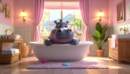 Cute Hippo Bathtub With Pink Curtains Sunlight Through Window Lush Greenery Outdoors And Pink Rug In A Bright Cheerful Bathroom