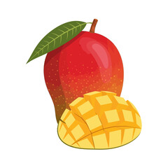 Ripe red mango fruit with green leaf and sliced diced half.