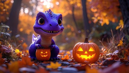 Cute Purple Dinosaur Holds Halloween Candy Bucket Next To A Glowing Jack O Lantern In An Autumn Forest With Orange Leaves On The Ground And Warm Sunlight Filtering Through The Trees