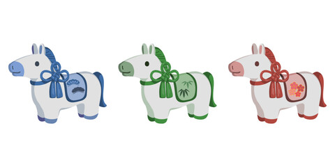 松竹梅をイメージした３頭の白馬のイラスト