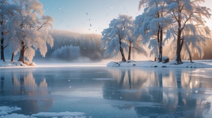 Frozen lake mirrors snow-laden trees with delicate flakes gently drifting down, surrounded by a serene landscape of frosty mornings, as the soft winter light casts a warm glow, inspiring cozy, 