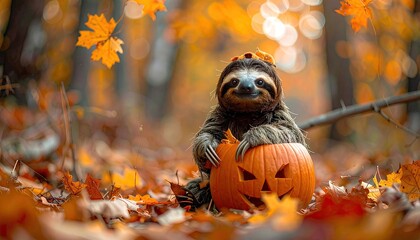 Cute Sloth In A Pumpkin Costume Holding A Jack O Lantern In A Fall Forest With Orange Leaves Falling And Soft Bokeh Background
