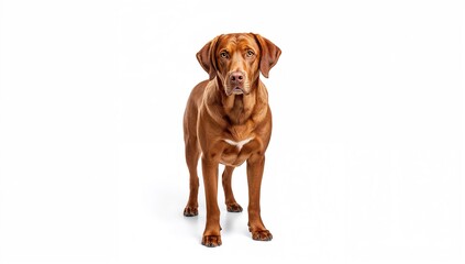 Portrait of a sizable brown canine against a white backdrop, focusing on the subject's characteristics