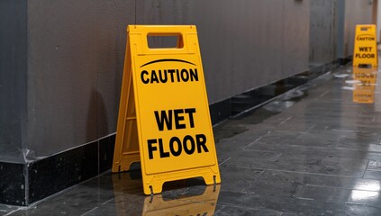 Wet floor signs placed against a wall, safety precaution