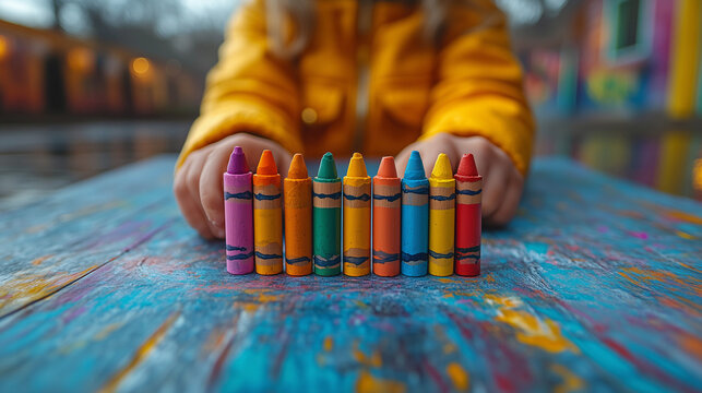 Child arranging colorful crayons on a vibrant table in a creative outdoor setting during a sunny day ai, crayons, child, yellow, jacket, colorful, outdoor, creative, space, wooden, table, arranging, b - Powered by Adobe