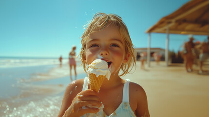 Smiling child enjoys ice cream while standing by the shore on a sunny beach day ai, child, ice, cream, beach, sun, summer, happiness, seaside, waves, cone, golden, hair, sand, family, fun, water, play