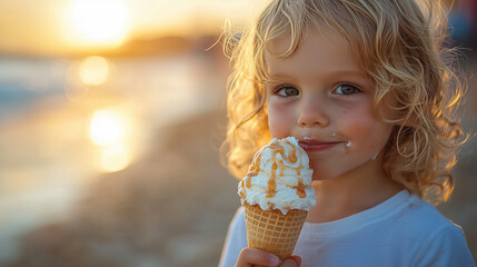 Child enjoys ice cream by the beach at sunset with golden light and ocean waves in the background ai, ice, cream, beach, child, sunset, ocean, waves, summer, happiness, treat, sand, golden, light, cur