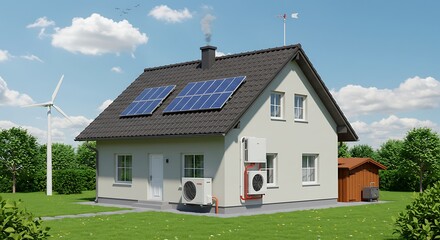 Digitally rendered eco-friendly home with solar panels and wind turbine on sunny day