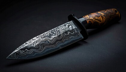 Damascus steel hunting knife with ornate wooden handle on a dark background with scattered light reflections