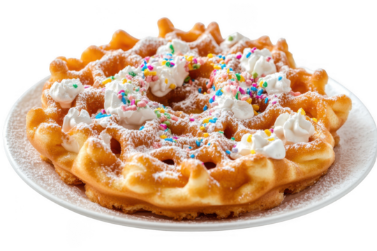 Delicious funnel cake topped with whipped cream and colorful sprinkles isolated on transparent background