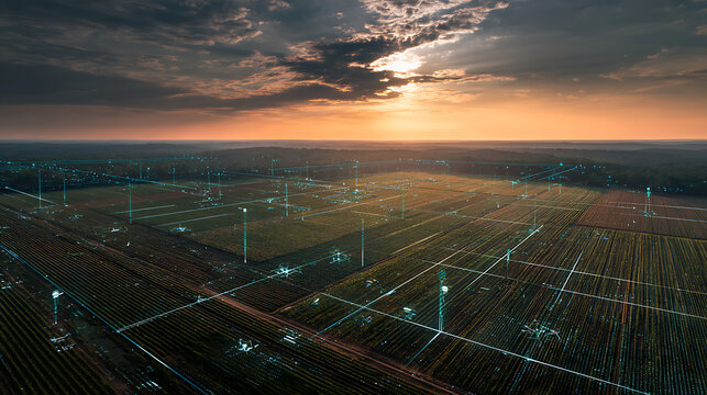 Smart agriculture innovation with futuristic technology connecting farms and crops at sunset, showcasing data-driven farming solutions and sustainable food production