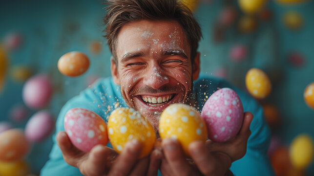 Celebrating spring with colorful eggs and joy during an easter egg hunt activity ai, easter, celebration, spring, joy, colorful, eggs, young, man, egg, hunt, festival, happiness, fun, springtime, deco - Powered by Adobe