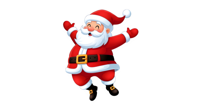 Joyful santa claus character with arms raised in celebration on a black background