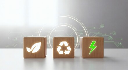 Eco sustainability concept – wooden blocks with environmental icons – clean energy trio