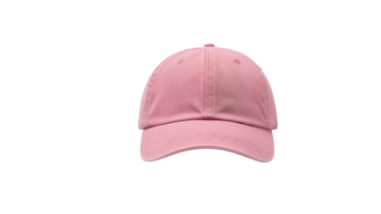 Plain pink baseball cap with curved brim and stitched details isolated on a transparent background
