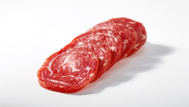 Salami displayed on a plain white surface, protein-rich meal