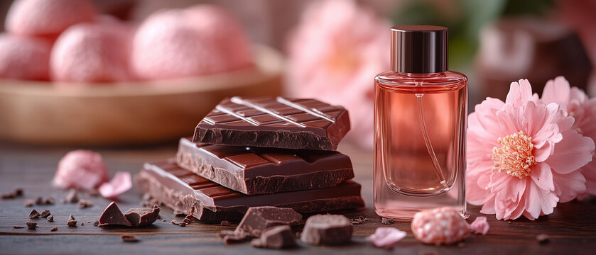 Delicate arrangement of chocolate, flowers, and perfume creating a romantic atmosphere in a warm, inviting setting ai, perfume, chocolate, flowers, romantic, elegant, arrangement, wooden, surface, swe