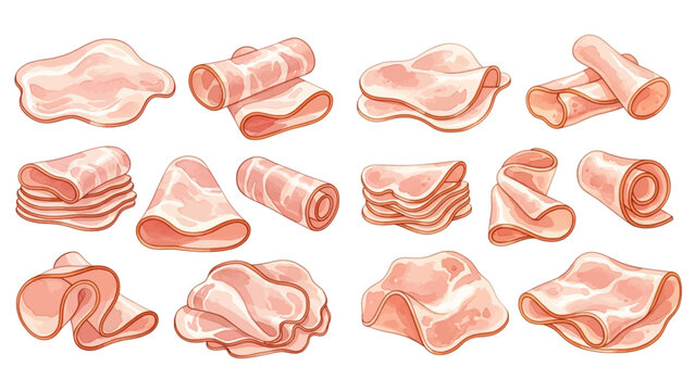 An illustrated collection of sliced ham, featuring various arrangements like stacks, folds, and rolls on a transparent background.