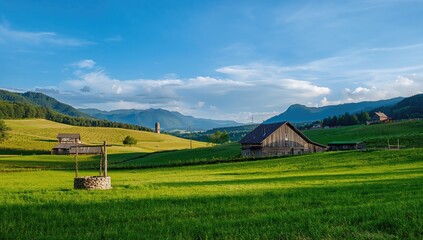 Fototapeta premium Rural landscape featuring wooden structures and a well amidst a vibrant green field, preservation