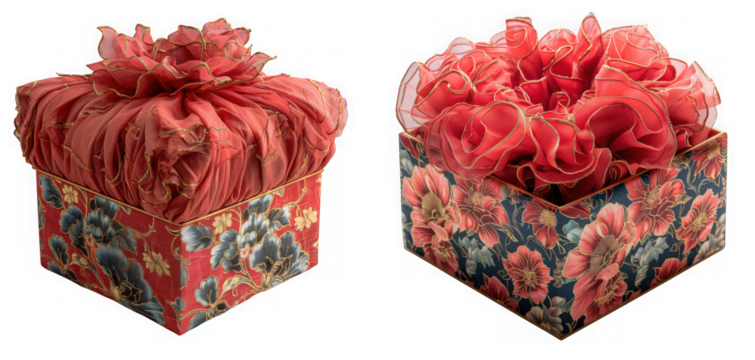 Two decorative red gift boxes with floral patterns and fabric bows, isolated on transparent background