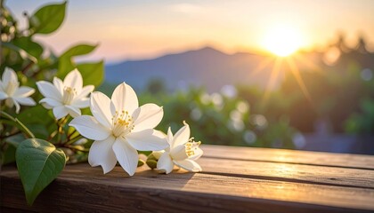 Delicate White Jasmine Flowers Bathed in Golden Sunset Light with Blurred Green Foliage and Mountain Silhouette