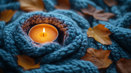 Warm candlelight surrounded by cozy knitted fabric and autumn leaves creates a serene atmosphere ai, candle, light, warmth, cozy, knitted, blanket, autumn, leaves, tranquility, home, evening, serenity