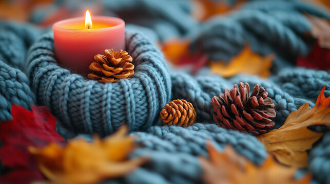 Cozy autumn setting featuring a candle surrounded by pine cones and colorful leaves ai, autumn, candle, pine, cone, leaves, cozy, knitted, fabric, warm, glow, fall, decor, seasonal, nature, orange, re