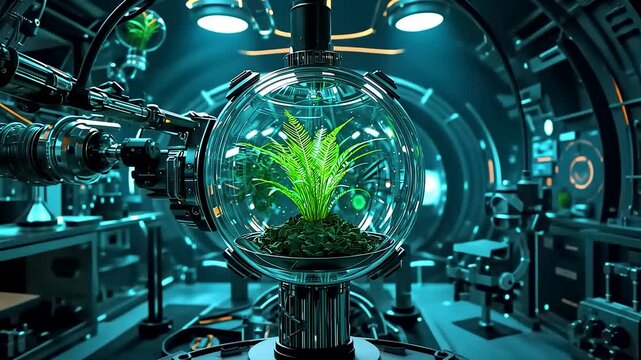 Glass biosphere containing green plants and moss inside advanced laboratory with blue lighting