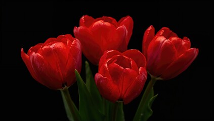 Red tulips against a dark backdrop, vibrant floral contrast