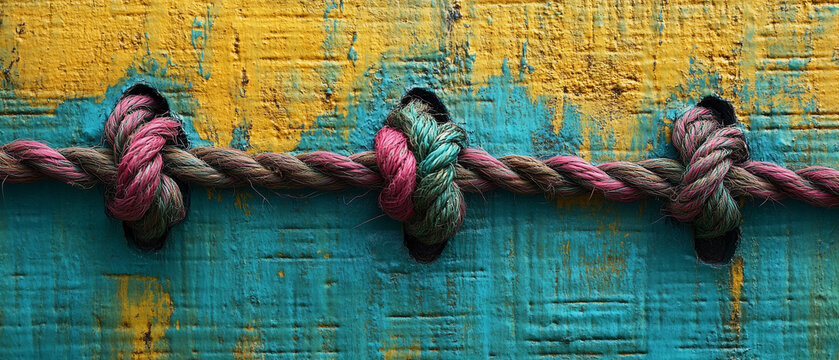 Colorful rope tied to textured blue and yellow wooden surface in an artistic setting ai, rope, wooden, surface, blue, yellow, texture, knot, craftsmanship, art, color, detail, design, handcrafted, rus