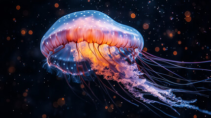 Vibrant jellyfish glides gracefully through dark ocean waters, showcasing bioluminescent beauty and intricate movements ai, jellyfish, ocean, bioluminescence, deep, sea, underwater, marine, life, ethe