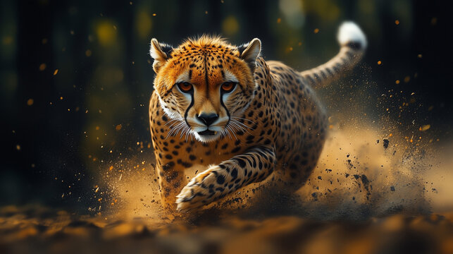 Cheetah racing across the savanna, kicking up dust in pursuit of prey at golden hour ai, cheetah, savanna, running, speed, wildlife, nature, hunting, golden, hour, dust, agility, predator, animal, beh