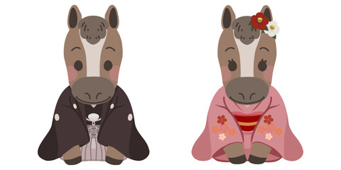 着物姿と袴姿の2頭の馬が正座で挨拶をしているイラスト © shun