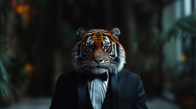 Wild elegance blends with formal attire in a unique portrayal of a tuxedo-clad tiger in an upscale   ai, tiger, tuxedo, formal, attire, upscale, setting, wild, elegance, unique, portrayal, environment