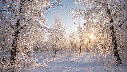 Fototapeta premium Winter snow scenery evoking a festive atmosphere, showcasing a sunlit woodland surrounded by snow, enhancing seasonal charm