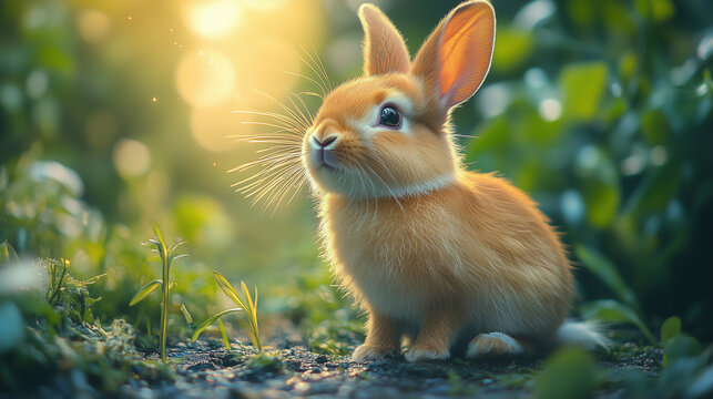 Cute orange rabbit sitting on soft ground with green plants in sunlight during a peaceful afternoon ai, rabbit, orange, cute, nature, sunlight, green, plants, afternoon, wildlife, curiosity, small, fl - Powered by Adobe