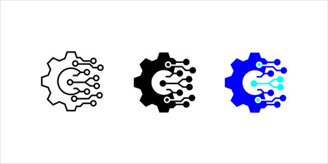 gear-circuit-technology-icon set. Dual-style icon showing a gear combined with digital circuit lines, symbolizing technology integration, automation, innovation, digital engineering, and modern machin