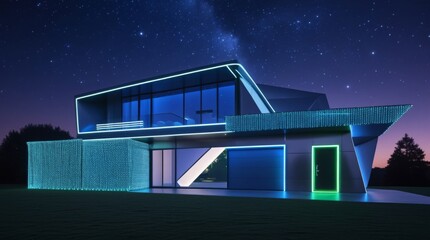  High tech modern house with sleek metallic surfaces and angular lines glowing under a dark night sky with a canvas of stars, digital accents such as neon strips and LED lights