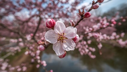 Fototapeta premium Spring brings vibrant pink cherry blossoms blooming in gardens, seasonal change