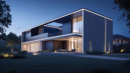 High tech modern house with sleek metallic surfaces and angular lines glowing under a dark night sky with a canvas of stars, digital accents such as neon strips and LED lights symbolizing futuristic s