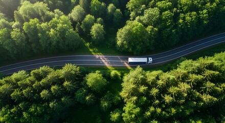 Aerial view of a white semi-truck driving down a curved road surrounded by lush, green woodland trees.