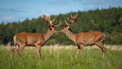 Obraz premium Two young bucks facing each other, showcasing territorial behavior
