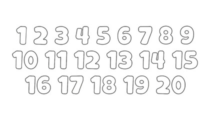 Illustration of numbers one through twenty in a simple bubble font