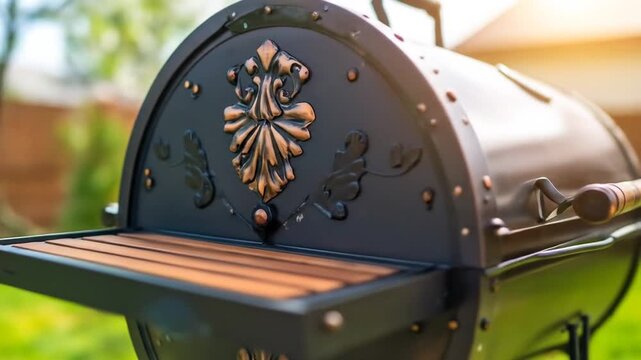 A close up of a shiny, decorative, metallic black grill in an outdoor, sunny setting