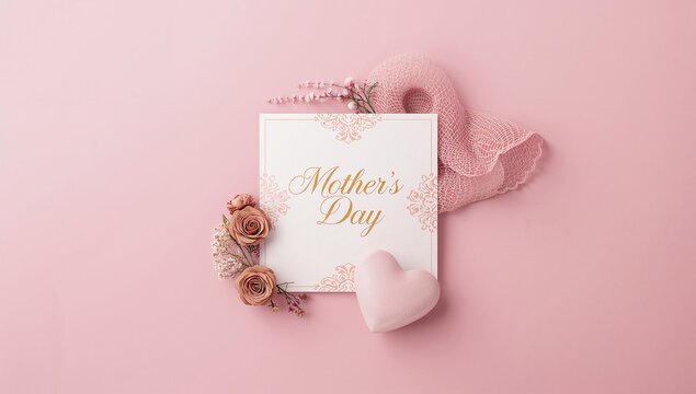 Mother's Day decoration theme, aerial view of a white invitation card next to a heart-shaped cushion on a pink backdrop, celebration preparation