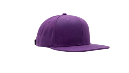 Purple flat brim baseball cap with adjustable strap isolated on a transparent background
