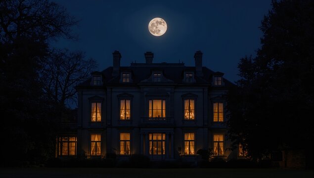 Illuminated windows of a mansion under a full moon, highlighting architectural elegance
