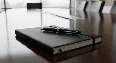 A sleek, black-bound notebook and a minimalist fountain pen resting on a dark, polished wooden conference table. The background features the blurred lines of an empty, modern meeting room, creating a 