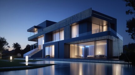 High tech modern house with sleek metallic surfaces and angular lines glowing under a dark night sky with a canvas of stars, digital accents such as neon strips and LED lights symbolizing futuristic s