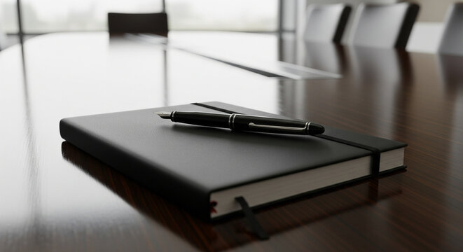 A sleek, black-bound notebook and a minimalist fountain pen resting on a dark, polished wooden conference table. The background features the blurred lines of an empty, modern meeting room, creating a 